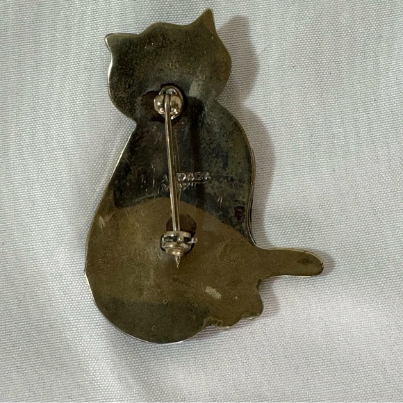 VINTAGE ABALONE INLAY CAT BROOCH, PIN, MEXICO,  ALPACA - Picture 2 of 5